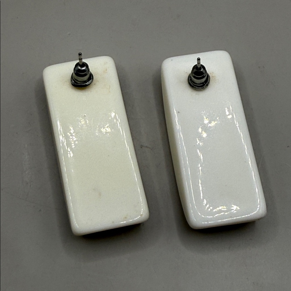 Vintage White Rectangle Dangle Drop Statement Ear… - image 4